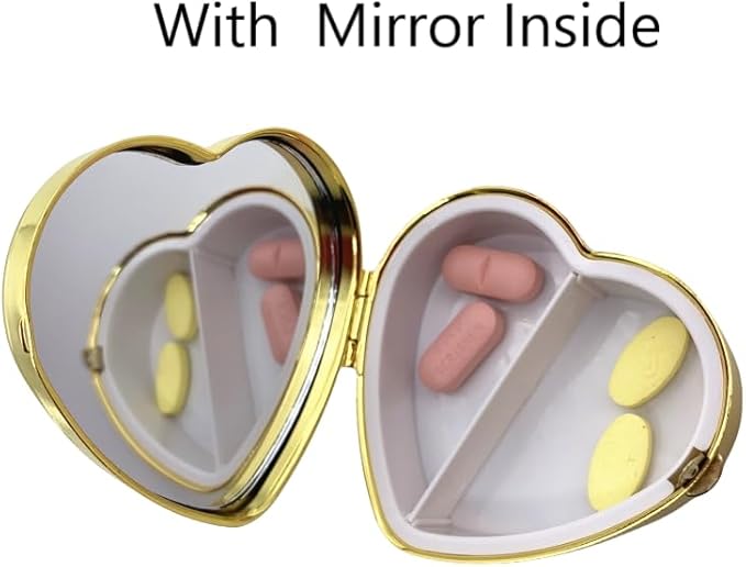 AmyZone Metal Pill Organizer Travel Friendly Portable Compact Pill Box Pill Case to Contain Vitamins/Tylenol/Fish Oil/Supplements/Meds/Tablet for Purse/Pocket(Love Heart)