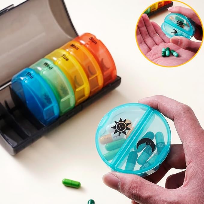 Weekly Pill Case Organizer, Twice a Day, Travel AM PM Vitamin Reminder, Colorful 14 Compartments with Box, Portable Daily Medicine Dispenser Planner for Supplement, Fish Oil, Capsule