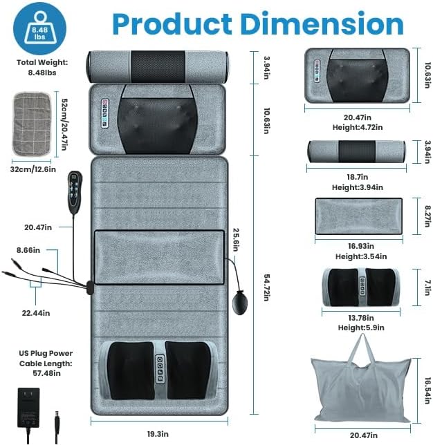 Full Body Massage Mat with Heat Massage Heating Pad Electric Vibration Massage Pad Cushion Massage Mattress Heated Chair Pad with Timer Anti-Slip Bottom Earplugs for Back Neck Foot Kneading