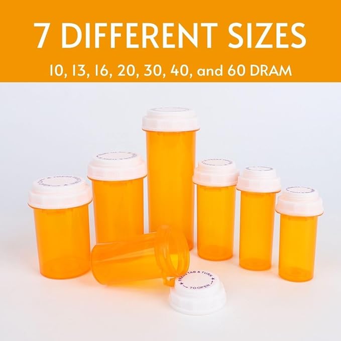 Five Star Supplies Thumb Tab Plastic Pill Bottles - Reversible Cap Easy Open & Child Resistant - Pill Container Prescription Vial - Easy Open/Push N Turn (Amber, 13 DRAM 215 ct.)