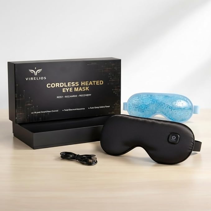 Heated Eye Mask for Dry Eyes, Hot & Cold Eye Compress Set, Cordless Rechargeable Sleep Mask, 3 Heat Levels, Eye Strain Relief, Washable Cover, Gift Box for Travel & Relaxation