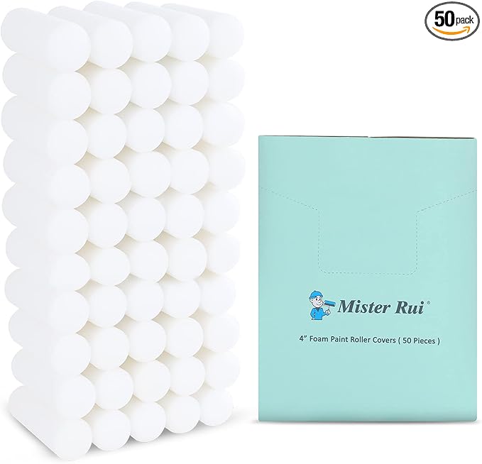 Mister Rui Foam Paint Roller, 50 Pack, 4 Inch Paint Roller, Small Paint Roller, High Density Foam Rollers for Painting, Professional or DIY Use and Home Improvement