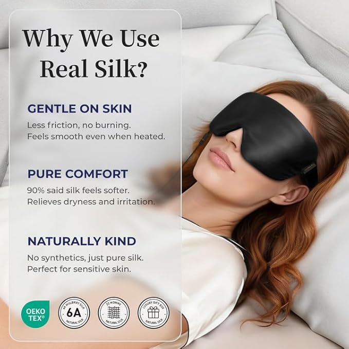 Silk Heated Eye Masks for Dry Eyes: Warm Compress for Tired Eyes Sinus Stye Eye Treatment - Stable Electric Moist Heating Pad for Sleep & Travel- FSA&HSA Eligible,USB Powered(Black)
