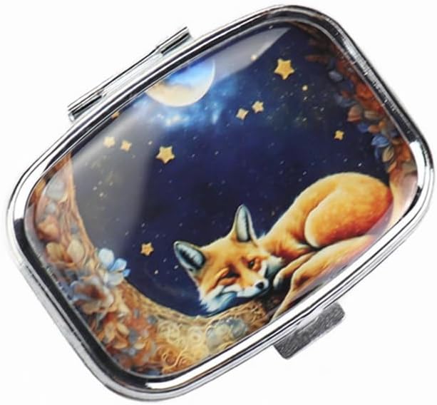 WATASSA Pill Box with Animal Style Mirror All-in-One 2-Compartment Portable Medicine Organizer, Marble Pattern Travel Pill Case for Vitamins&Daily Medication(Fits Pocket/Purse) (Yellow Fox)