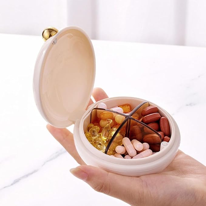 Garneck Travel Pill Organizer 4 Compartment Daily Pill Case Small Portable Container Box Round Containers Beige for Outdoor Daily Travel