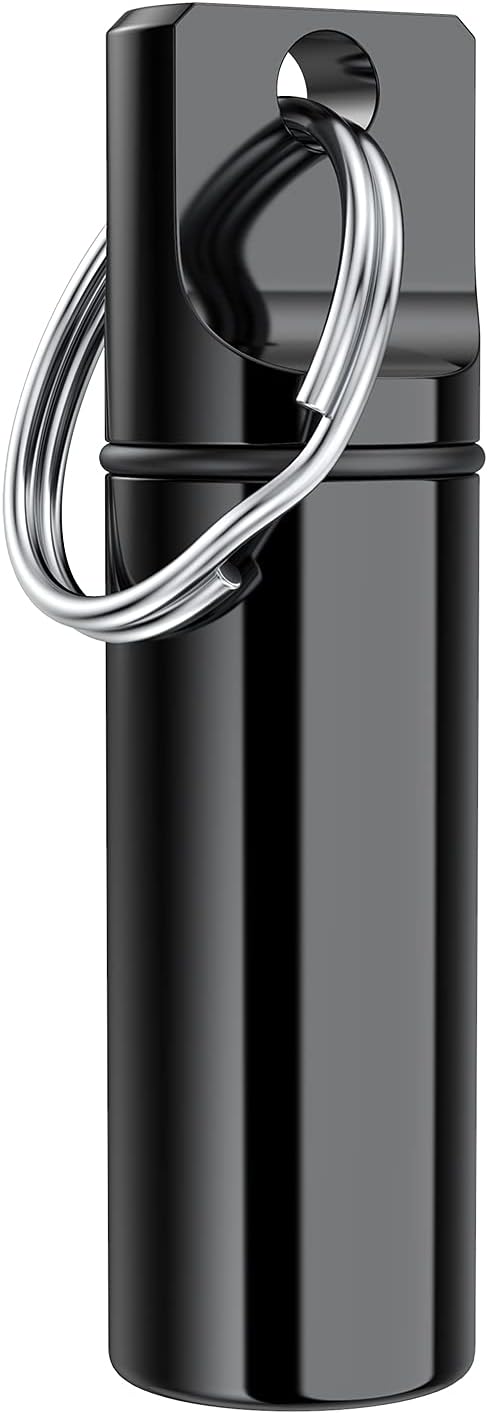 Small Pocket Pill Box Keychain, Aluminium Alloy Portable Mini Pill Organizer Case Container for Purse, Waterproof Metal Pill Holder Medicine Bottle for Outdoor Camping Travel (Black)