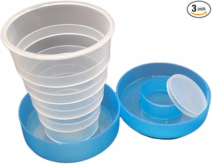 Travel Size Collapsible Drinking Cup and Built in Pill Box Case - Blue (3-Pack)