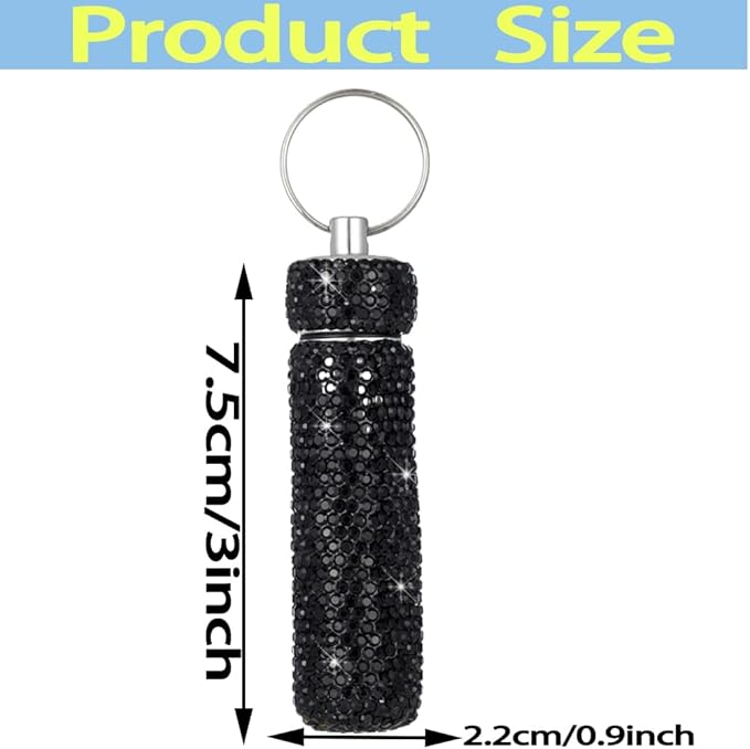 Bling Rhinestone Pill Case Portable Waterproof Pocket Pill Holder Bottle Storage with Keychain for Travel, Outdoor, Camping (black)