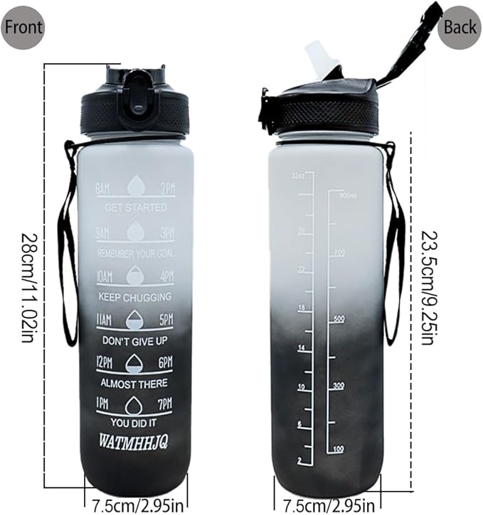 32oz Sports Water Bottle Outdoor, with Drinking Time and Capacity Labels, Sport Water Cups with Straw,BPA Free Leak Proof,for Fitness Gym Running Climbing(Grey black)