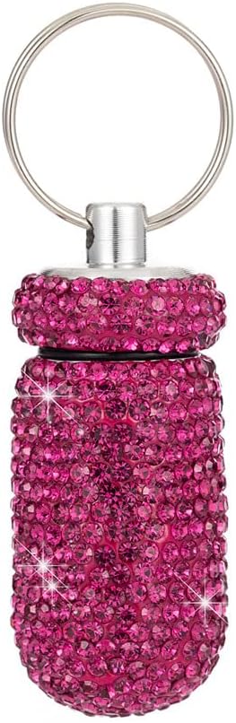 1PCS Bling Crystal Rhinestone Portable Pill Case Pill Container Waterproof Pill Holder with Keychain Glitter Travel Pill Box Small Medicine Dispenser Bottle Storage for Outdoor Camping Travel,M