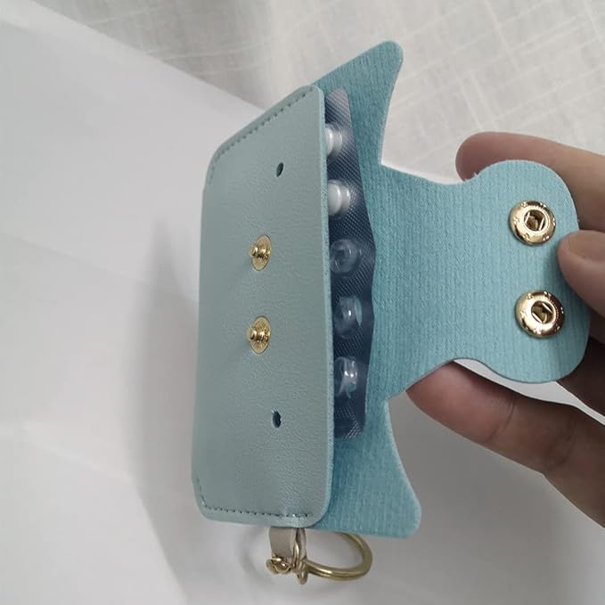 Birth Control Pill Case/Wallet PU Leather Medicine Holder Cute with Keychain (Light Blue)