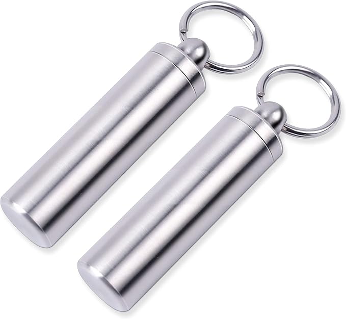 Pill Holder Keychain,Portable Waterproof Single Chamber Stainless Steel Pill Container,Small Pill Box Case for Outdoor Travel Camping - 2 Pack