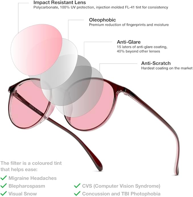 BRADDELL Indoor FL-41 Rose & Outdoor FL-60 Brown Tinted Migraine Light Sensitivity Glasses for Fluorescent LED Glare, Photophobia and Concussion (MEDIUM)