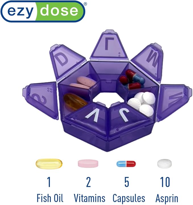 EZY DOSE Weekly Pill Organizer, Medicine Box, and Vitamin Planner, Travel Pill Planner, 7-Sided, Color May Vary, Spanish Imprints (Pack of 2)