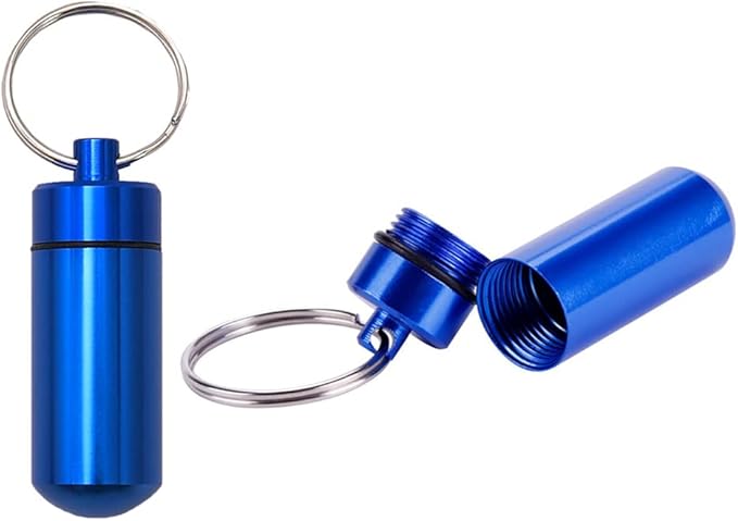 AKOAK 2 Pcs Colorful Round Aluminum Alloy Pill Bottle, Emergency Jar, Waterproof Outdoor Travel Portable Pill Bottle Key Chain (Dark Blue)
