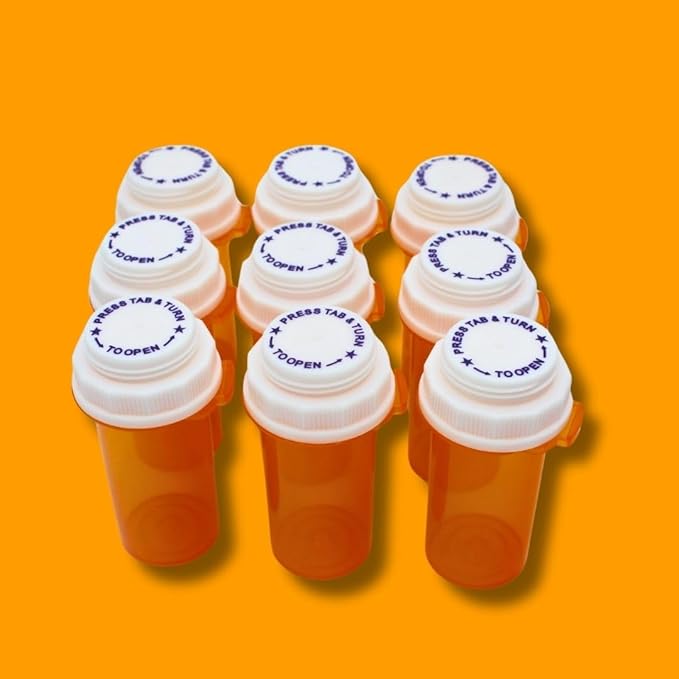 Five Star Supplies Thumb Tab Plastic Pill Bottles - Reversible Cap Easy Open & Child Resistant - Pill Container Prescription Vial - Easy Open/Push N Turn (Amber, 13 DRAM 215 ct.)