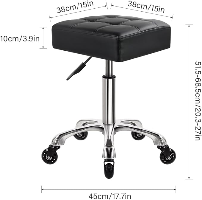 Modern Heavy Duty Rolling Stoool Square Thick Leather Seat 360 Swivel Stool with Wheels Height Adjustable Stool Chair for Home Kitchen Drafting Lab Office Salon Massage（Black）