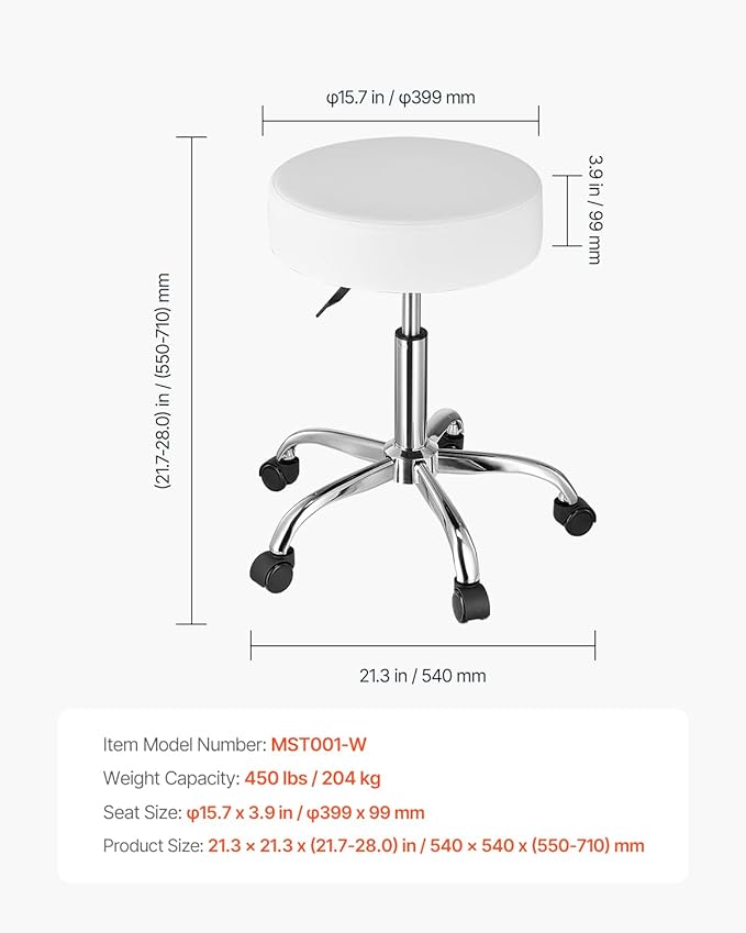 VEVOR Rolling Stool with Wheels, 450 LBS Weight Capacity Round Rolling Stool Chair, Height Adjustable Thickened PU Leather Swivel Stool for Salon, Spa, Massage, Tattoo, Clinic, White