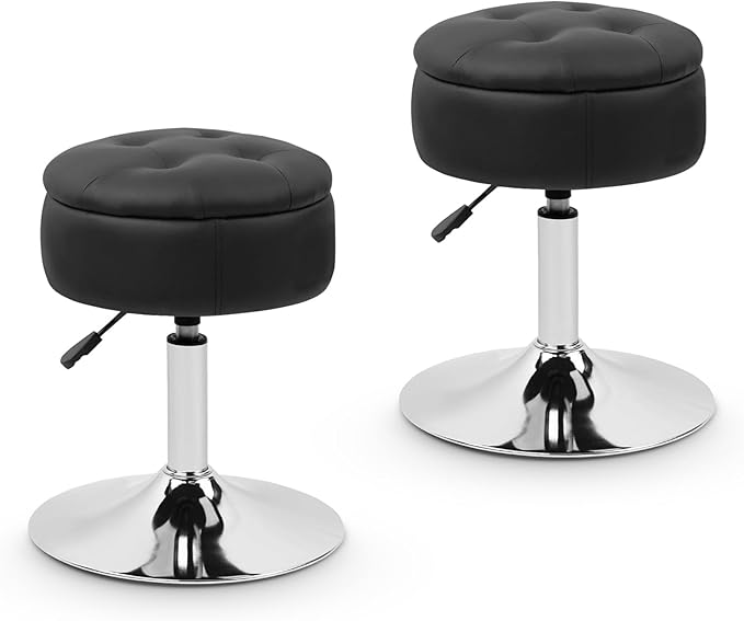 Salon Stool with Big Storage Set of 2, Height Adjustable 361° Swivel Modern Round Leather Tufted Makeup Vanity Stools for Massage Facial Spa Beauty Nail Medical Clinic Tattoo Barber, Black
