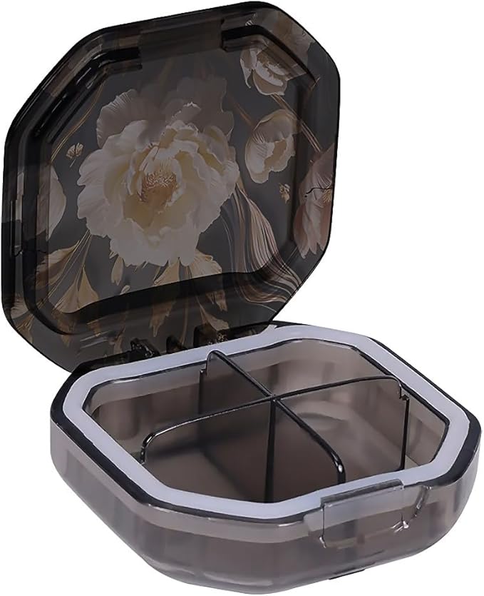 This Portable 3D White Peony Pattern 4 Compartment Pill Box Can Be Placed in A Pocket Or Wallet to Store Vitamins, Medicines Health Supplements Other Medications.