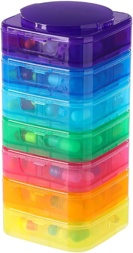 Stackable Weekly Pill Organizer with Detachable Box, Rainbow Color Coded 7 Day Pill Cases, 1 Times, 2 Times, 3 Times, 4 Times Travel Pill Box with Customizable Compartments (Rainbow)