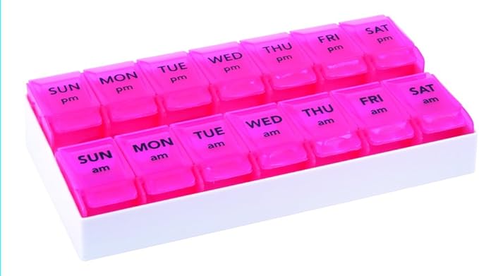 Apex 7- Day Push to Open Pill Organizer, 1x Per Day or AM/PM (AM/PM with Tray, Berry (Pink))