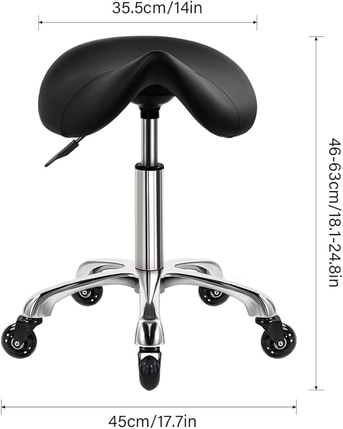 Heavy Duty Saddle Rolling Stool with Wheels Hydraulic Swivel Adjustable Rolling Stool Ergonomic Thick Leather Seat Chair for Kitchen Drafting Lab Office Salon Massage – Black