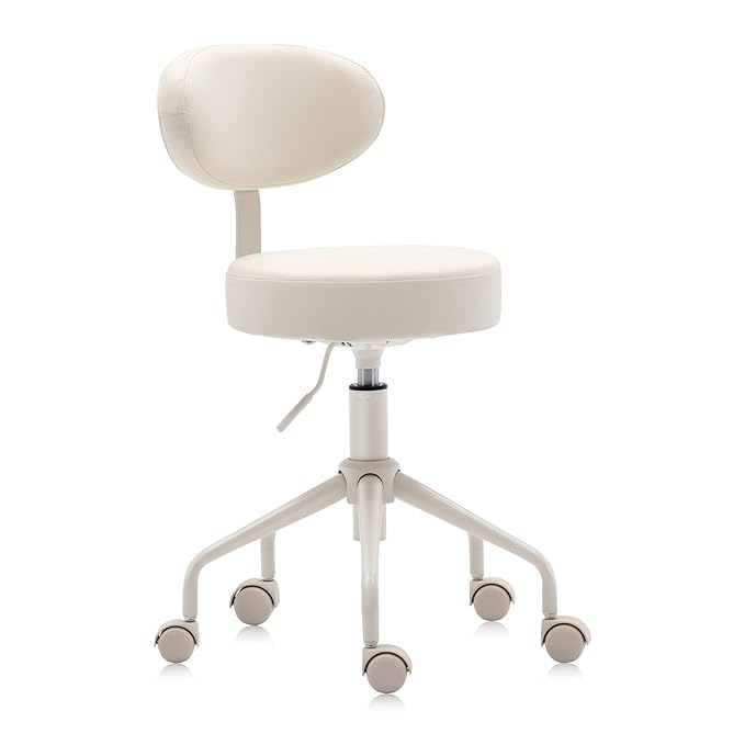Adjustable Height Hydraulic Rolling Swivel Stool Chair with Metal Base and Faux Leather Cushion for Salon, Medical, Office and Home, 503 Kai Series, Round Seat with Backrest, Vanilla