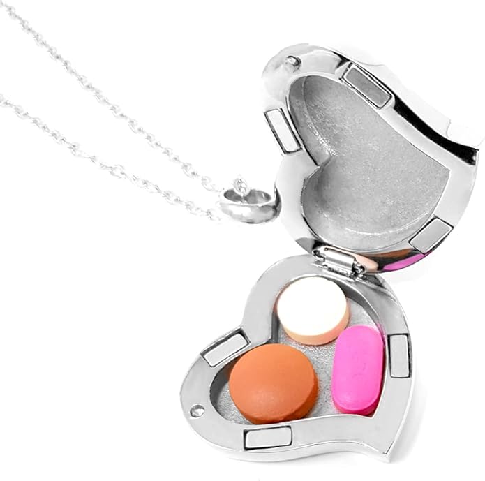 Amour Heart Pill Necklace - Polished Heart Locket with Strong Magnetic Closure - Medication Necklace - Keep Your Medication Securely with You at All Times - 26 Inch Chain