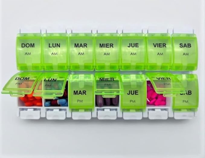 Spanish Pill Box 7 Day Weekly Two Times per Day AM PM (Large) Spanish Pill Box Organizer (Green)