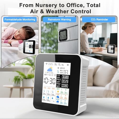 Air Quality Monitor Indoor 17-Parameter with APP Control Real-Time Display for CO2 PM2.5 PM10 Temperature Humidity 4 Sensors Alerts and Protection for Baby Rooms
