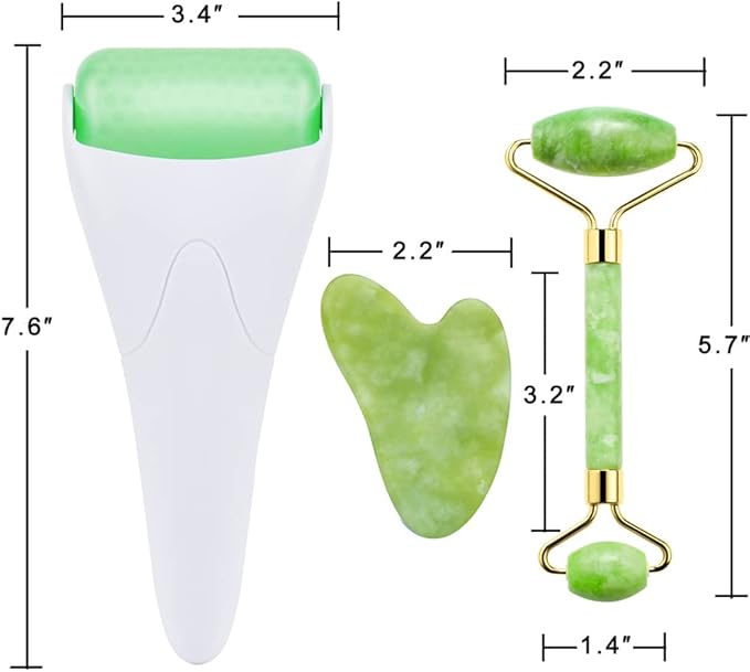 AECW 3-in-1 Natural Jade Roller and Gua Sha Set for Face and Eye Ice Roller Facial Cooling Massage Roller (White Ice Roller + Jade Roller + Gua Sha)