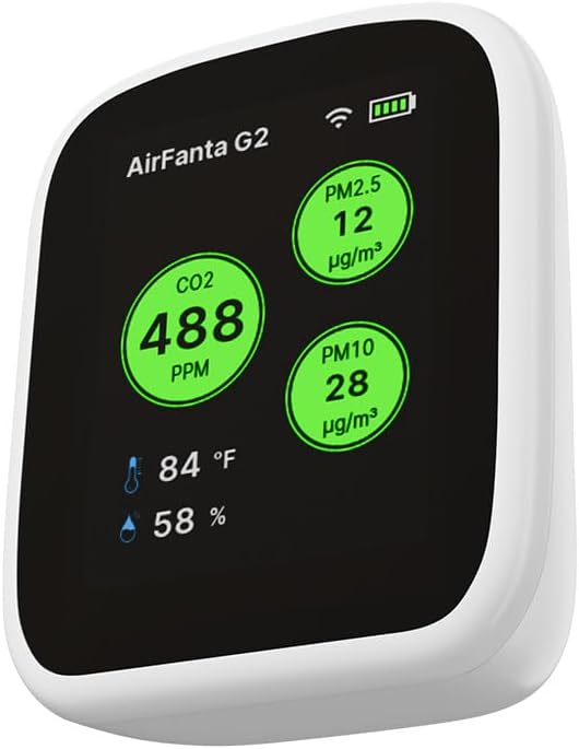 G2 Air Quality Monitor: Wireless Indoor Air Quality Monitor for Office or School (PM, CO2, Temperature, Humidity) Portable, Battery Powered, TFT Screen, App for Configuration & Data History