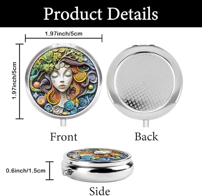 Portable Round 3 Compartment Metal Pill Box Faux Resin Painting Print Decor for Kitchen Office Coffee Cafe Home Organization and Travel Use