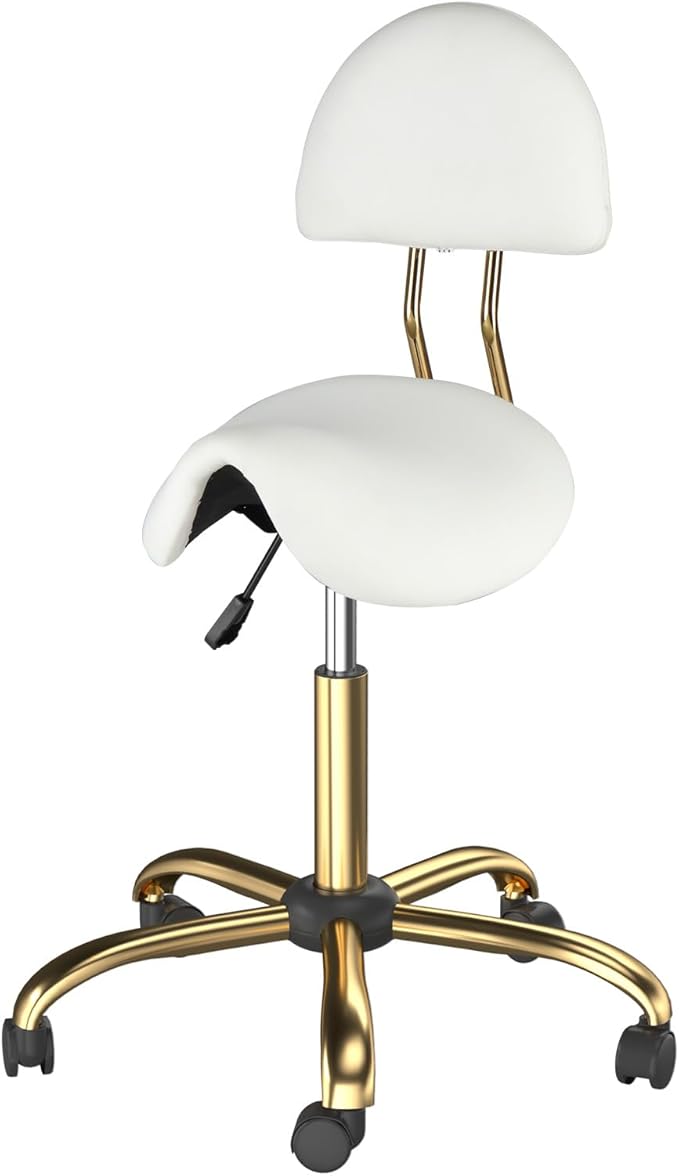 OmySalon Drafting Chair,Ergonomic Saddle Stool with Back Support,Tall Adjustable Rolling Stool with Thick Seat Cushion, Office Computer Chair for Salon Barber Spa Home Bar, White Gold