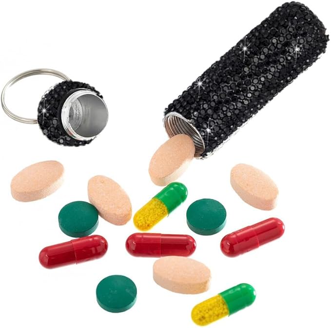 Bling Rhinestone Pill Case Portable Waterproof Pocket Pill Holder Bottle Storage with Keychain for Travel, Outdoor, Camping (black)