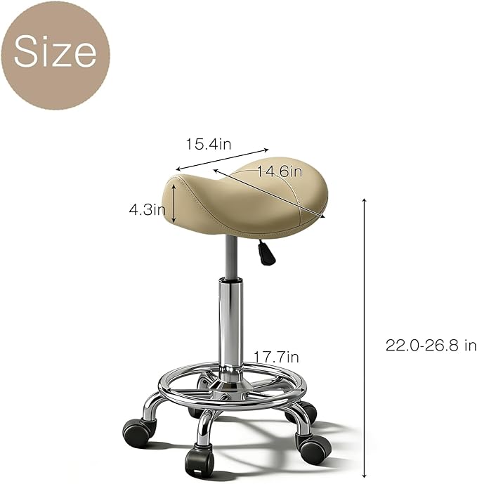 Saddle Stool with Ring Pedal, Adjustable Hydraulic Rolling Chair with Wheels for Medical, Massage, Salon, Spa, Kitchen, and Drafting Use