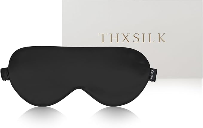 THXSILK Sleep Mask 100% 25 Momme Pure Mulberry Silk Super Smooth Cooling Sleep Eye Mask Blackout for Women/Man/Kids, Eye Cover with Wide Head Strap for Good Night Sleep, Black