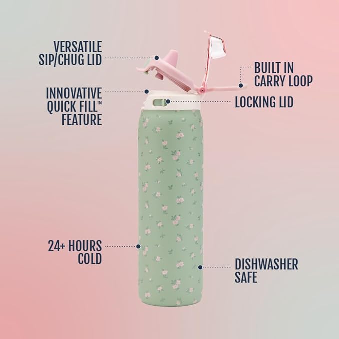 Ello Pop & Fill Insulated Stainless Steel Water Bottle with Quick Fill Lid, Leakproof Locking, Sip or Chug Spout, BPA-Free, Double Wall Vacuum Insulated for Sports, Travel & School- 22oz / 32oz / 40oz