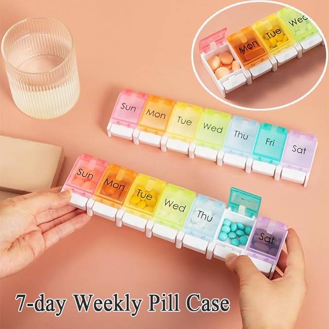 7 Day Pill Case Organizer, Large Medicine Box Dispenser Daily, Colorful Travel 7 Dividers Vitamin Holder with Easy Push Button for Medication, Supplement, Fish Oil, Cod Liver Oil, Capsules