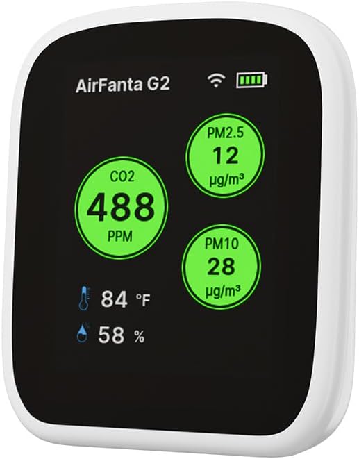 G2 Air Quality Monitor: Wireless Indoor Air Quality Monitor for Office or School (PM, CO2, Temperature, Humidity) Portable, Battery Powered, TFT Screen, App for Configuration & Data History