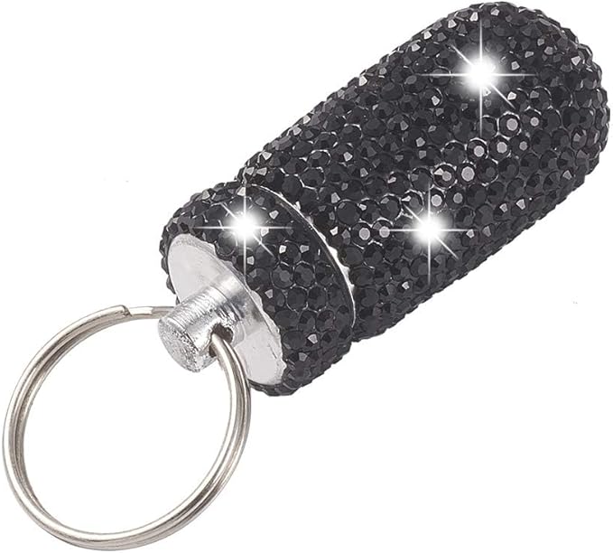 XhuangTech Waterproof Keychain Pill Box Bling Round Medicine Organizer Holder Container Aluminum Portable Mini Bottle Storage Case for Outdoor Travel Camping Purse Pocket (Black)