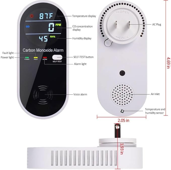 Carbon Monoxide Detectors, Plug in Type CO Alarm Monitor with Clear LCD Display, 3-in-1 Carbon Monoxide Detector (CO, Temperature and Humidity Display), Easy to Read & Install, KH106, Black