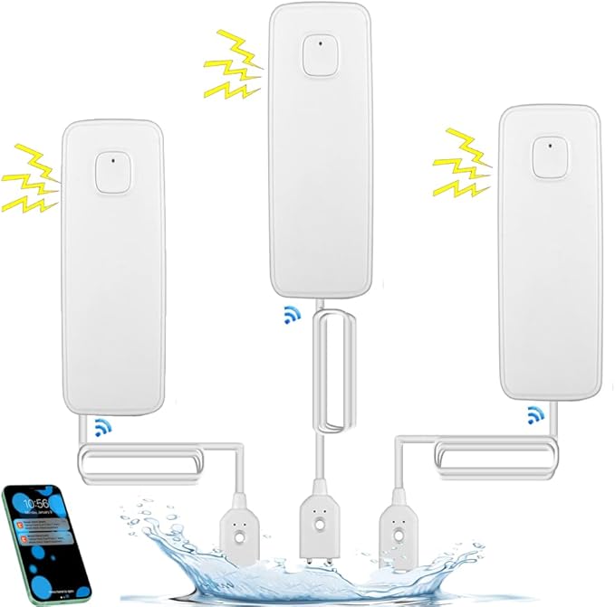 3PCS WiFi Water Leak Detector Kit, 80dB Water Sensor Alarm, Sump Pump Leakage Alarm, TUYA APP Free Remote Monitoring for Water Leakage, SMS and Phone Notification Can Be Enabled, AAA Battery Powered