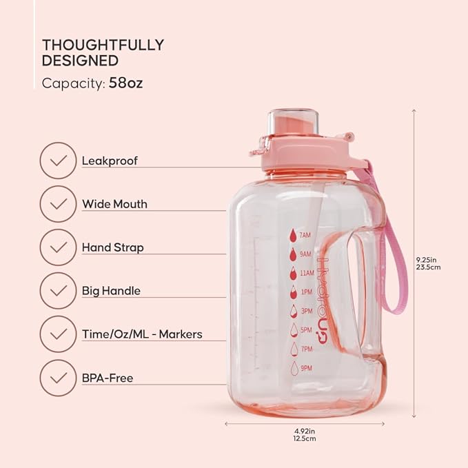 Sport Jug 58oz – Large Clear Plastic Water Jug with 2-in-1 Straw & Chug Lid, Motivational Time Markers, BPA-Free, Leakproof