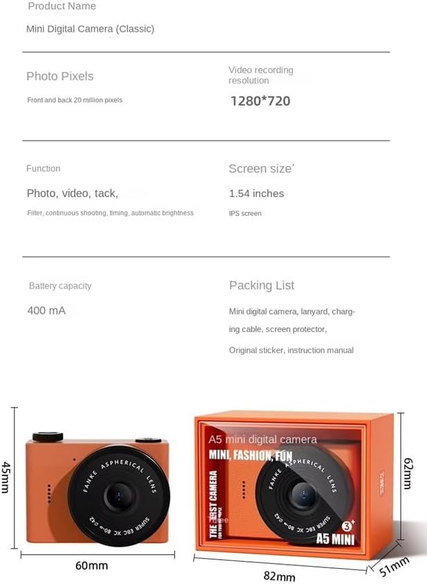 Mini Digital Camera with LCD Screen 2MP 1.4" IPS Full HD 64 GB Memory Card Monoreflexes Shaped CMOS Small Compact Portable Video Recorder Dual Selfie Built-in Filters (Orange)