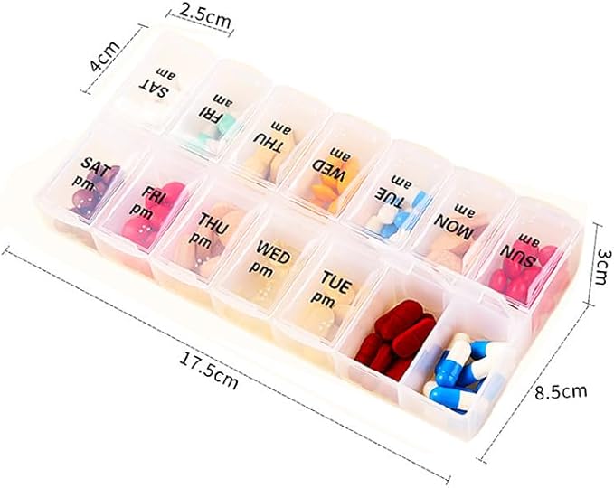 Large Pill Organizer, Weekly Portable Pill Dispenser Reminder, Travel Daily Pill Case Box Holder, Medication Planner for Vitamin, Medicine, Fish Oil, Supplements, 14 Compartment, Transparent