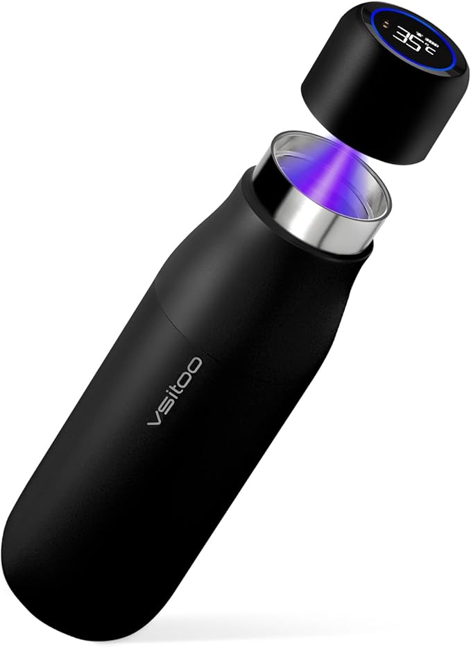 VSITOO 14.8oz Mini Smart Self-Cleaning Water Bottle，Small Insulated Stainless Steel Thermoses with AI Self-Clean, 30-Day Battery & Magnetic Charging for Travel, Gym, Office or Purse, Black
