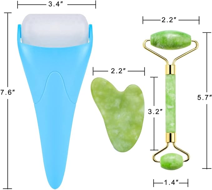 AECW 3-in-1 Natural Jade Roller and Gua Sha Set for Face and Eye Ice Roller Facial Cooling Massage Roller (Light Blue Ice Roller + Jade Roller + Gua Sha)