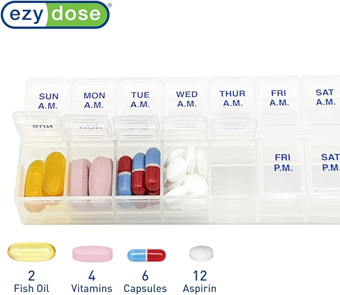 Ezy Dose Weekly 7-Day AM/PM Pill Organizer, Vitamin Case and Medicine Box, Medium Compartments for Twice-Daily Dosing, Natural Color Design, Easy-Open Lids, Portable and Perfect for Home or Travel Use
